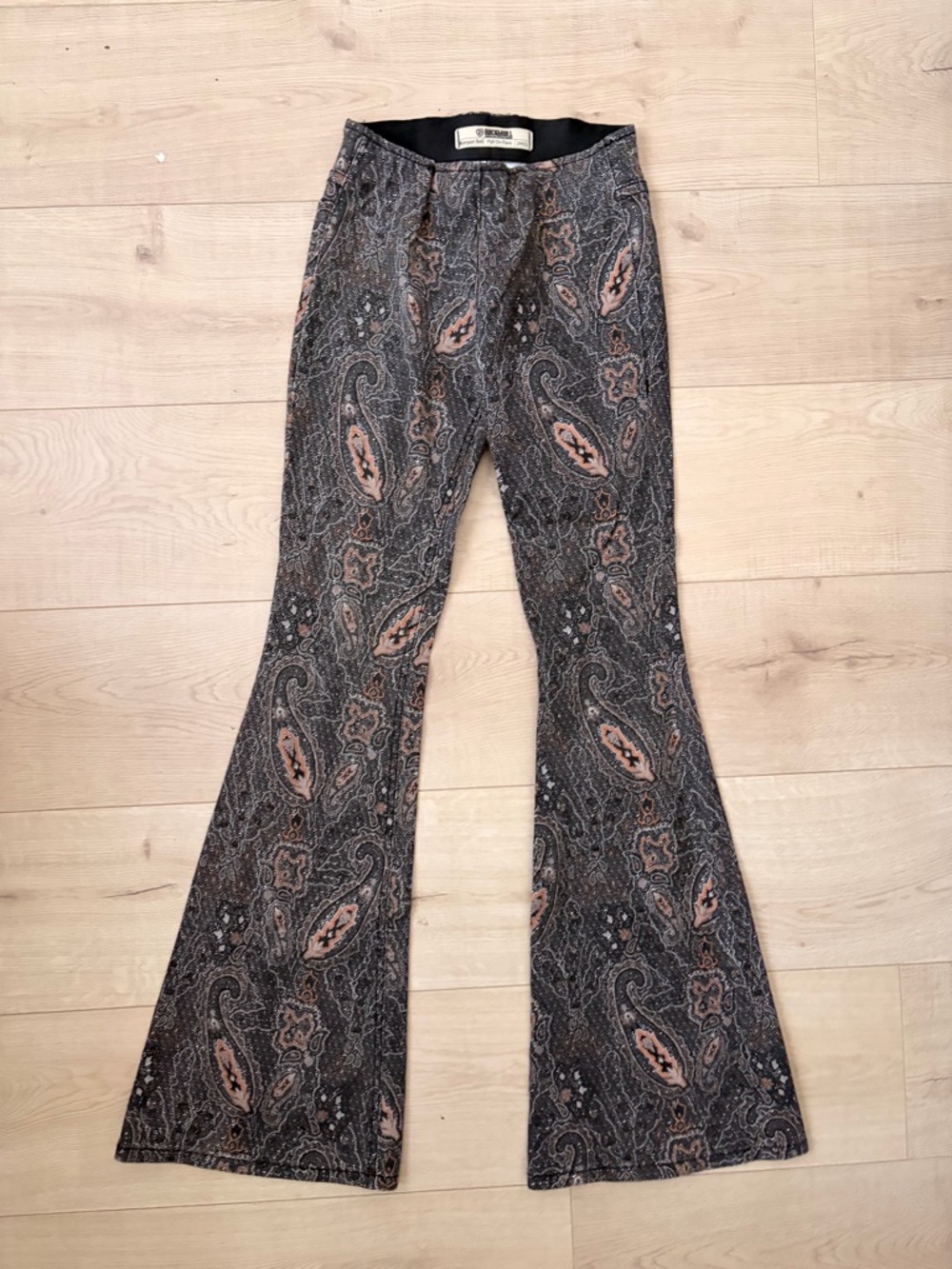 Wide Leg Paisley Print Trousers in Black & Tan